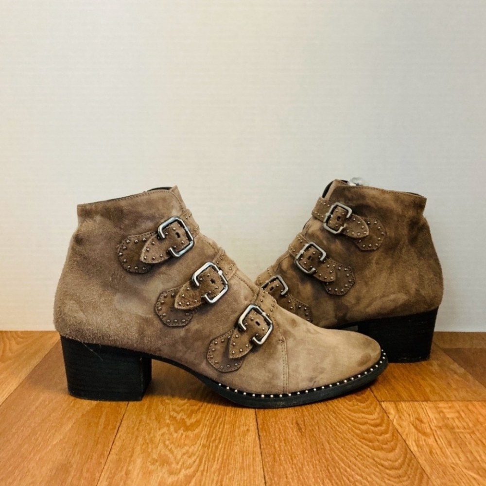 Paul Green studded, belted, suede ankle boots